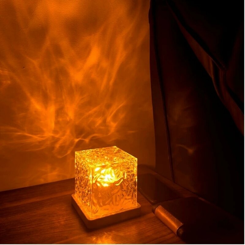 Crystal Night Light 3D Dynamic Rotating Water Ripple Projector Water Ripple Cube Colorful Night Lamp LED Table Light Home Decor