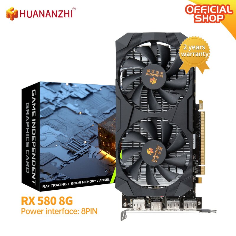 Huanzhi RX 580การ์ดจอ2048SP 8G 16G 256Bit การ์ดแสดงผล GDDR5 HDMI-Compatible DP DVI GPU RX580 8G