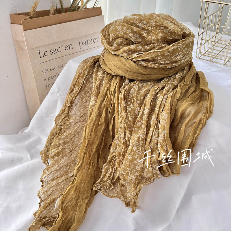 New Retro Artistic Cotton and Linen Pleats Thin and Versatile Shawl Small Floral Scarf Gauze Japanese Style Popular Lazy Style