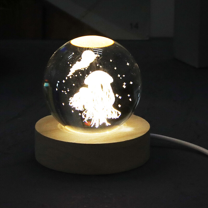 Lampu malam Led bola kristal ukiran Laser ubur-ubur 3D untuk dekorasi hadiah Hari Natal Anak pacar laki-laki klasik