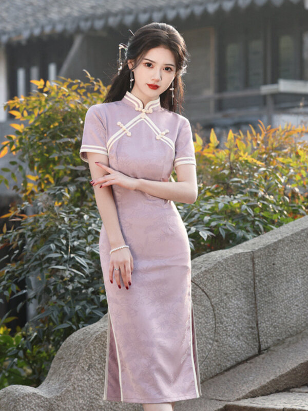 Vestido tradicional de qipao para mulheres, fino e dividido, cheongsam sedoso, vestido casual diário, primavera e verão, estilo chinês, sexy, novo, 2024