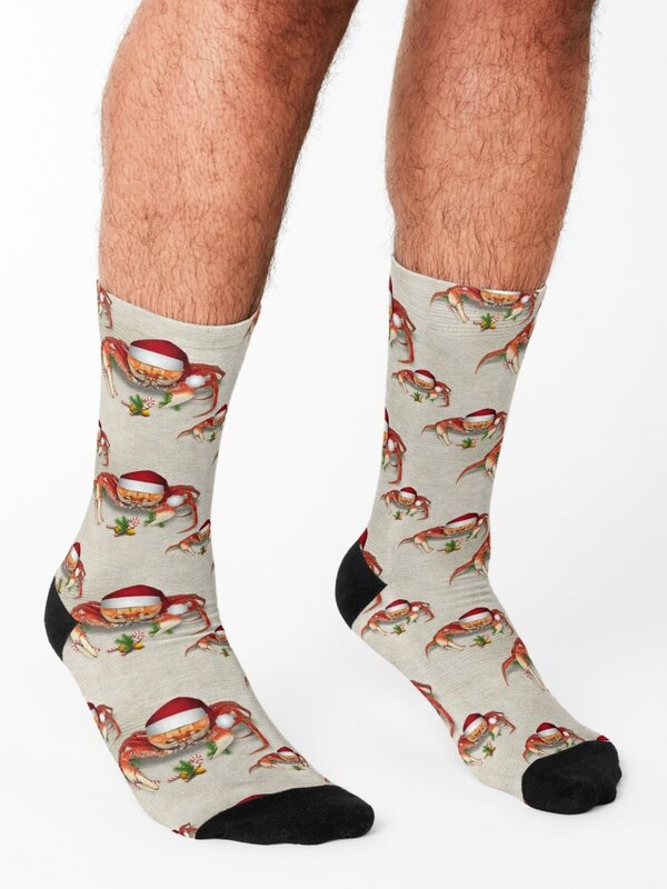 Kaus kaki kepiting natal pria wanita, kaus kaki hoki Natal lucu pendek
