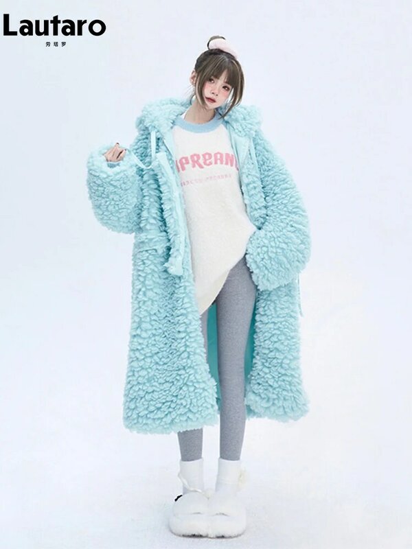 Lautaro Winter długi, w stylu Oversized Casual gruby ciepły niebieski gruby ciepły Fuzzy puszysty płaszcz ze sztucznego futra kobiet z kapturem zamek moda 2023
