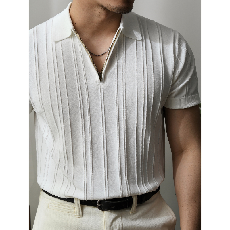 Letnia męska jednolity, na zamek dzianinowa koszulka Polo moda moda odzież męska klapy prosta wąska biznes Casual z krótkim rękawem