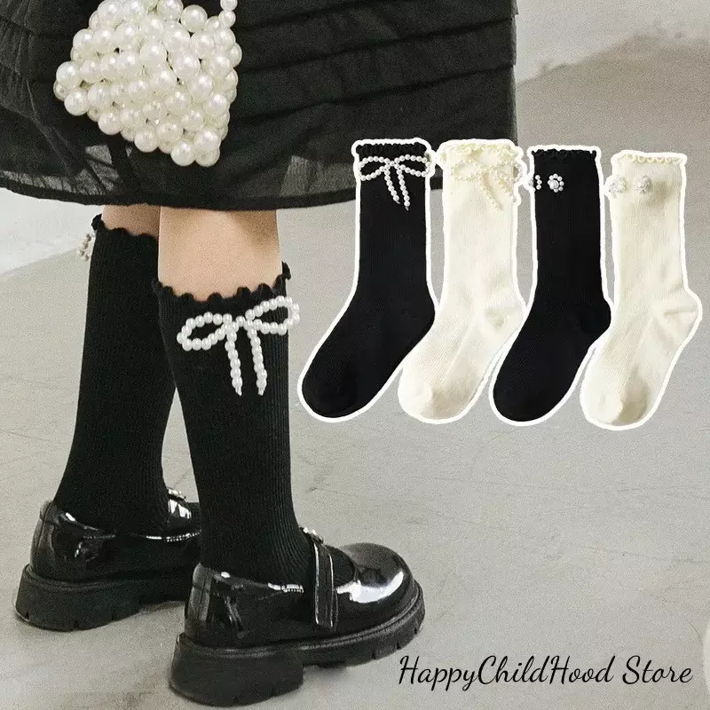 1 Pair Calf Sock for Baby Girls Cute Japanese Pearl Children Girls Over Calf Sock Spring  Autumn Ruffle Princess Lolita Sock