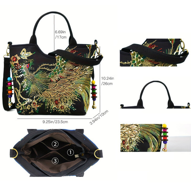 女性のためのエスニックな光沢のある孔雀の刺繍されたハンドバッグ,大きな非対称のショルダーバッグ,ボヘミアンスタイル,ファッショナブル,レトロ,ショッピング,2024