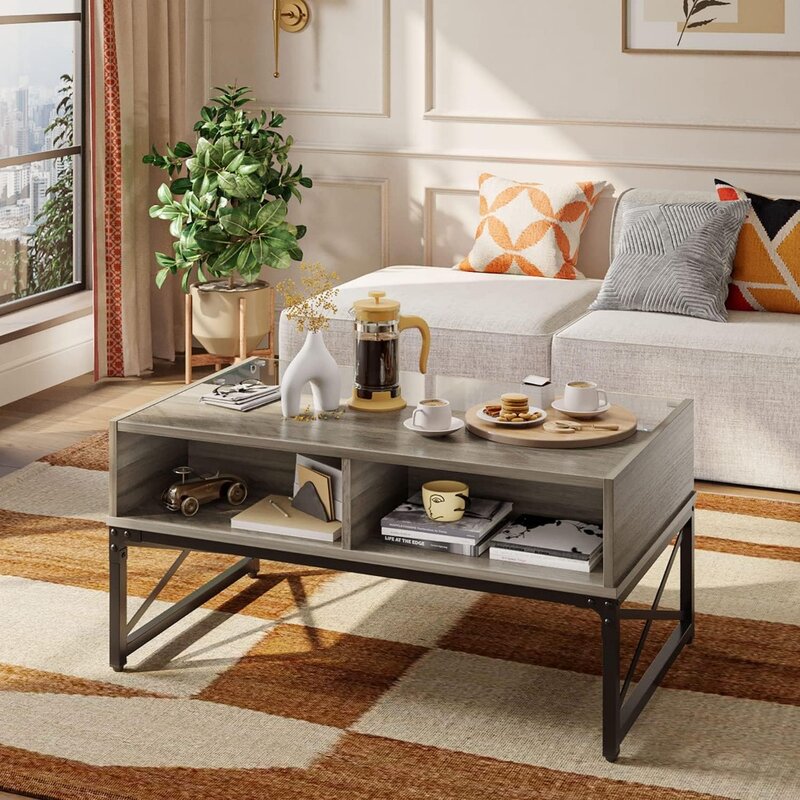 LED Coffee Tables for Living Room,Wood Center Table with Glass Top Game Night. 42 Inch Room Grey Wash