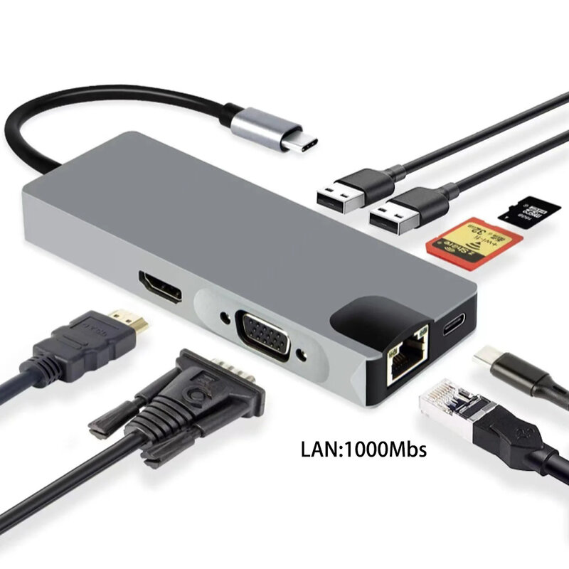 Koncentrator USB C typu C rozdzielacz na HDMI 4K Thunderbolt 3 stacja dokująca Adapter do laptopa z PD SD TF RJ45 dla Macbook Air M1 iPad Pro