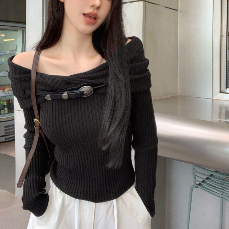 เสื้อสวมหัวแฟชั่นสตรีทแวร์แขนยาว Y2K เสื้อจั๊มเบิร์อเมริกาแบบย้อนยุคแบบรัดรูปคอปาดเสื้อเสื้อยืดธรรมดาเกาหลี