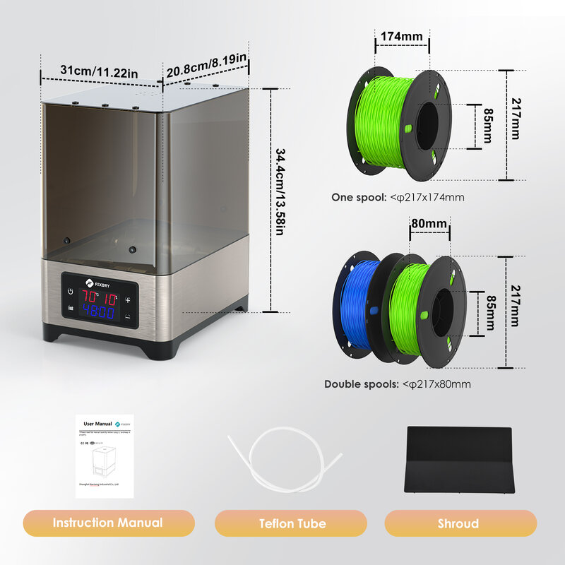 Grande impressão 3D filamento secador com ventilador, impressão filamento caixa de armazenamento, temperatura constante para seco, tpu, abs, pla, 1,75, 2,85, 3mm, 2 rolos