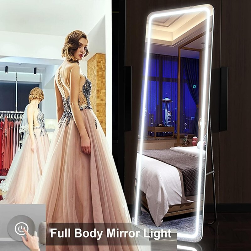 Espejo LED de longitud completa para dormitorio, longitud completa con atenuación y 3 modos de color, 63 pulgadas x 16 pulgadas