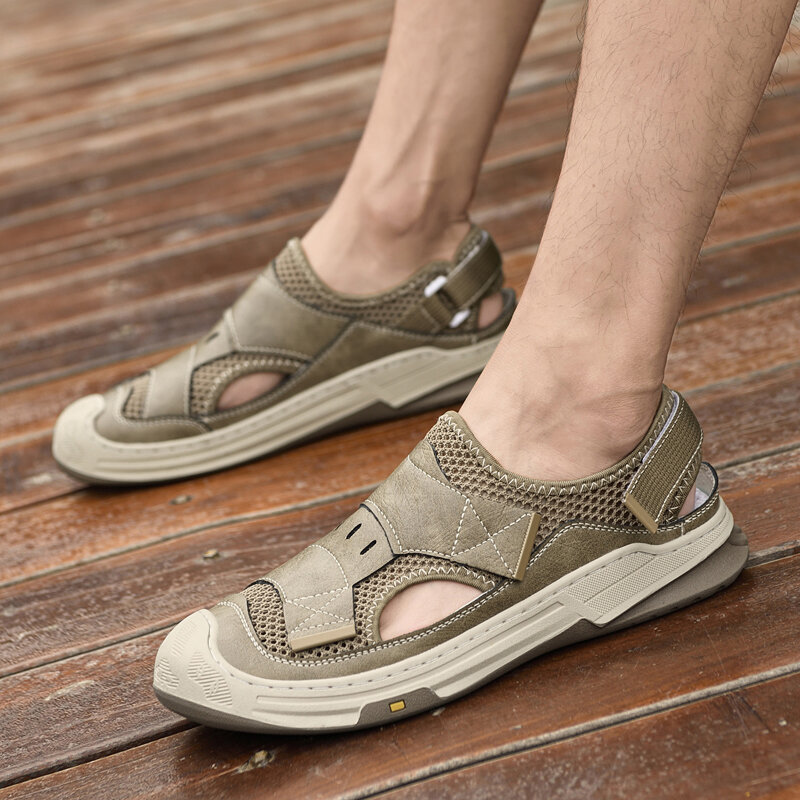 FUQIAO 2024 New Leather+Mesh Shoes Men's Summer Breathable Sandals Fashion Sandals And Slippers Casual Male Outdoor Beach Shoes