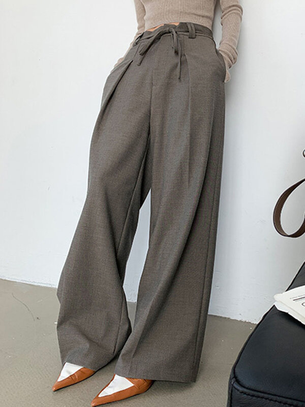 [LANMREM] ze sznurkiem spodnie z szerokimi nogawkami dla kobiet 2024 lato nowe luźne garnitury damskie z wysokim stanem spodnie 26 d8566