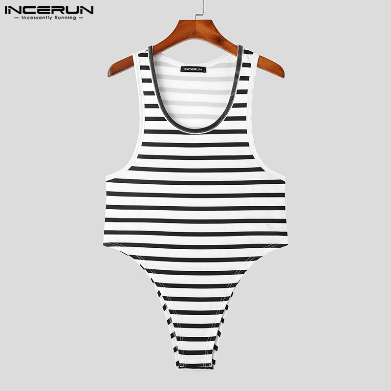 INCERUN 2023 Sexy Style Bodysuit Men Fashion Horizontal Stripe Design Jumpsuit Stylish Hot Selling Male Sleeveless Rompers S-5XL