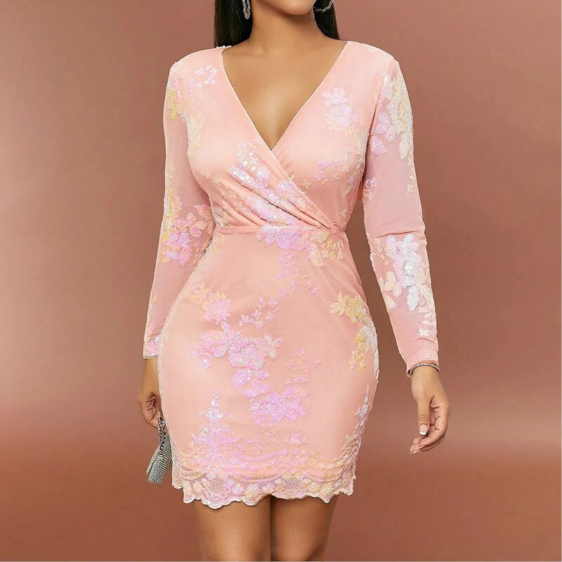 Girls Christmas Dress Transparent Lace Embroidery Mesh Glitter Sparkly Sequin Dress For Women Long Sleeve V Neck Bodycon Dresses