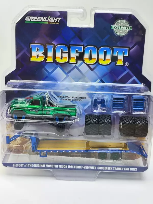 1:64 1974 Ford F-250 Monster Gooseneck Trailer 66 inch Tire Replacement Green Machine Collection of car models W600