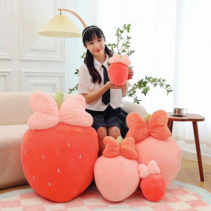 INS Kawaii Pink Strawberry Plush Throw Pillow Toy Cartoon Stuffed Fruits Plants Plushies Soft Cushion Girls Kawaii Room Decor