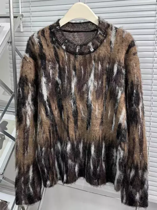 Maglione lavorato a maglia da donna autunno maglione a maniche lunghe con scollo a o pigro Jacquard a righe a contrasto