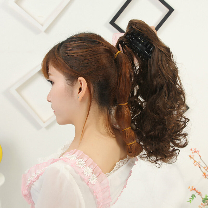 Moda falowa puszysty peruka z długimi kręconymi włosami kucyk syntetyczny kawałek do przedłużania włosów 65CM naturalne żaroodporne peruki do codziennego użytku