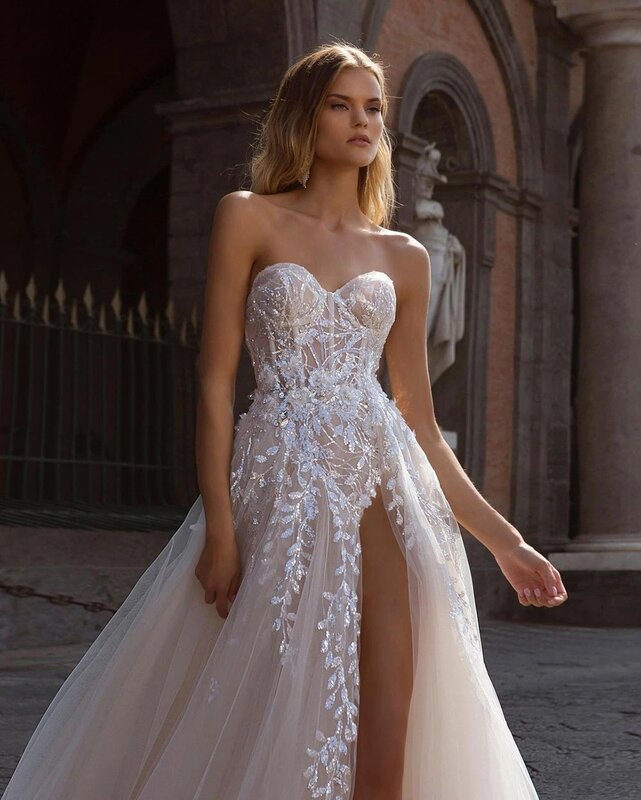 Off-a-ombro vestido de noiva do laço, design floral, rendas frente aberta, com glitter, uma linha, vestido de noiva sexy, novo, 2023