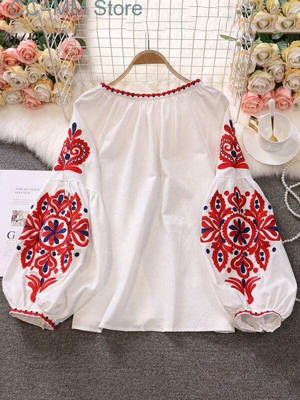 New Sweet Style Women Pullover Shirts Embroidery Patchwork Bandage V-neck Lantern Sleeve Spring Summer Blouse