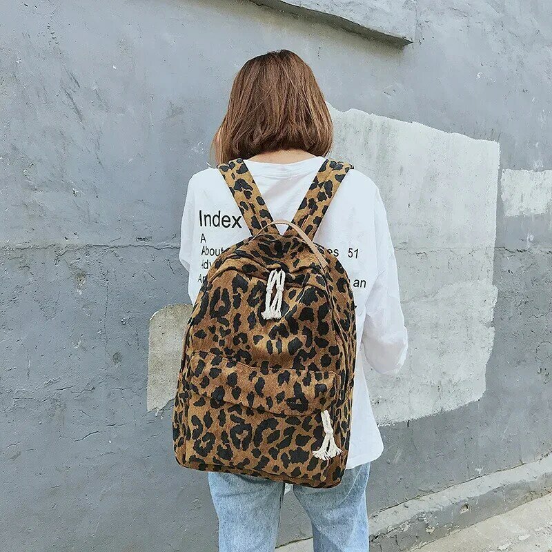 Mochila suave con estampado de leopardo, bolso escolar portátil de gran capacidad, de pana, doble hombro