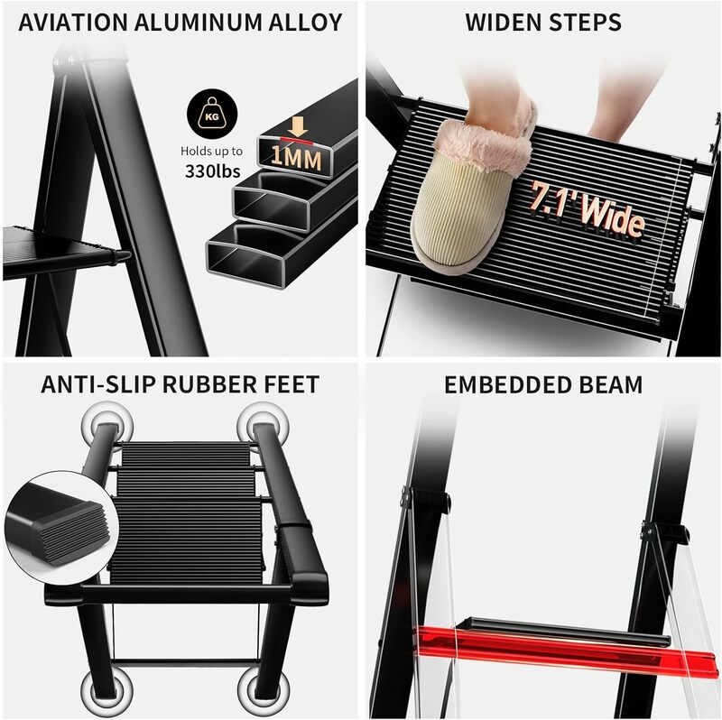 3 Step Ladder Folding Step Stool with Wide Non-Slip Sturdy Treads and Convenient Handles Aluminum Lightweight Portable Adult