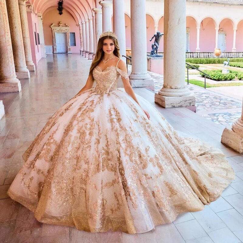 Glitter Sequins Crystal Prom Dresses, vestido de baile Quinceanera, cintas de espaguete graciosas, Sweet 16 Dress, alta qualidade