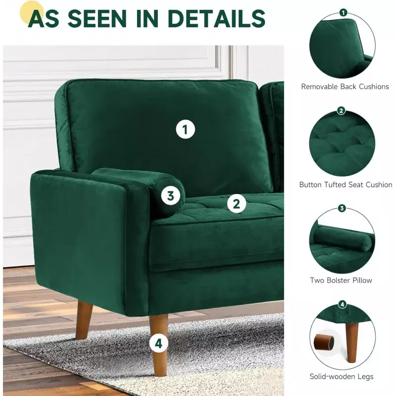 أريكة حديثة Vesgantti-منتصف القرن لغرفة المعيشة ، أريكة خضراء مع وسادتين ، 3 مقاعد ، 70 بوصة