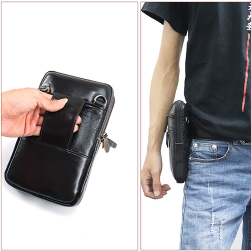 Tas pinggang kulit asli pria, kantung ponsel tas tangan kecil dada bahu sabuk tas selempang tas kulit