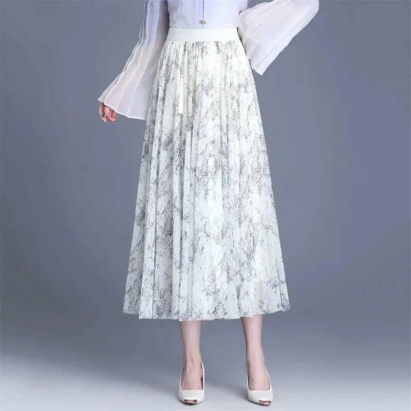 Saia feminina de chiffon estampada em estilo chinês, roupas elegantes de elástico, saia floral fina de cintura alta, nova, verão, 2024