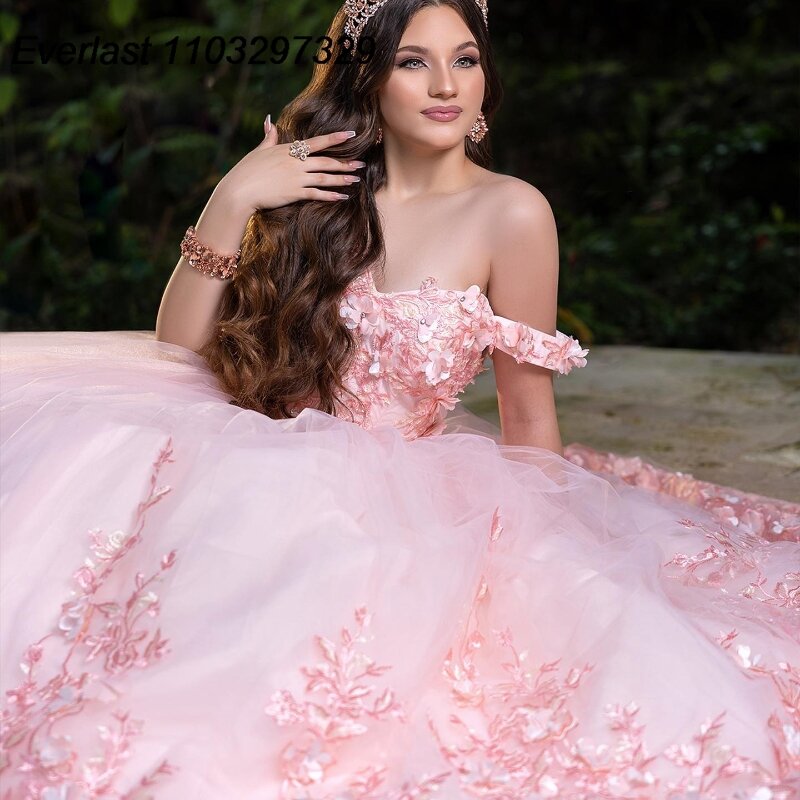EVLAST Princess Pink Quinceanera Dress Ball Gown 3D Floral Lace Applique Beading Tulle Corset Sweet 16 Vestido De 15 Anos TQD473