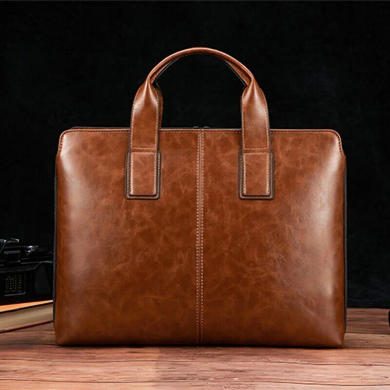 Luxury Leather Men's Briefcases Business Handbag Vintage Male Shoulder Messenger Bag Large Capacity Laptop