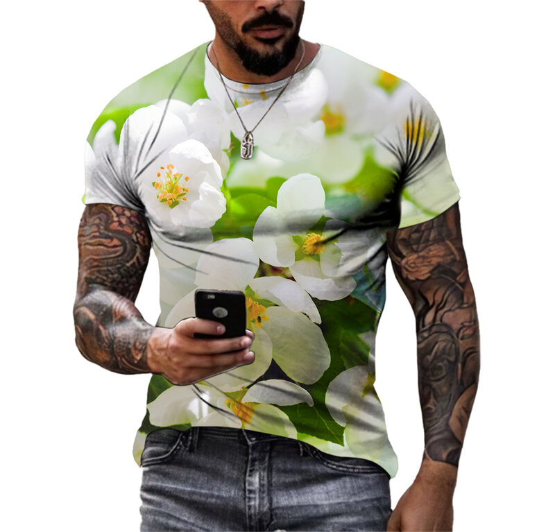 男性用HD 3DランドスケープカジュアルTシャツ,ヒップホップスタイル,ラウンドネック,半袖