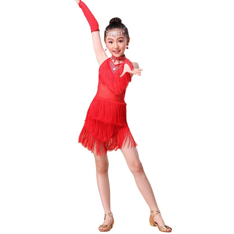 子供のダンスパフォーマンスの衣装、女の子のベリーダンススカート、タンゴダンスウェア、ラスティンザコスチューム、タッセルダンスドレス、カーニバル