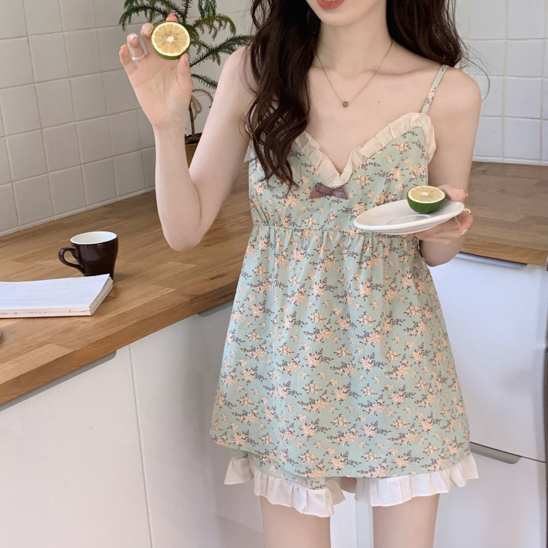 Floral Pajama Sets Women Summer Tender Loose Fashion Spaghetti Strap Korean Style Sweet All-match Home Students Aesthetic Basic