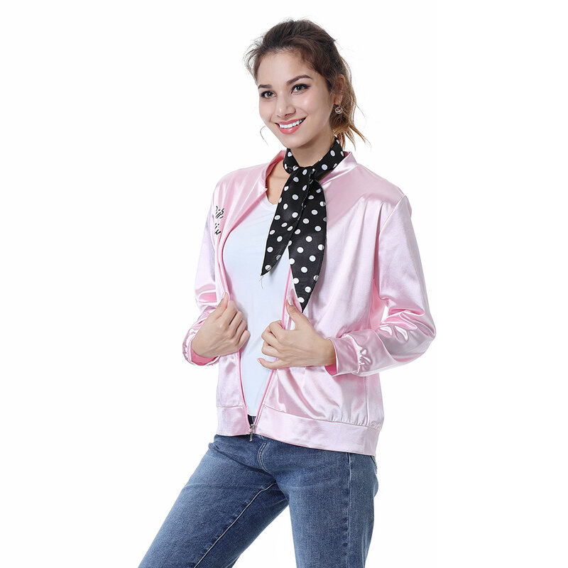 Movie Grease Cosplay Adult Female Pink Lady Costume Retro Trench Satin Coat Jacket Halloween Cosplay Solid Cheerleader Tracksuit