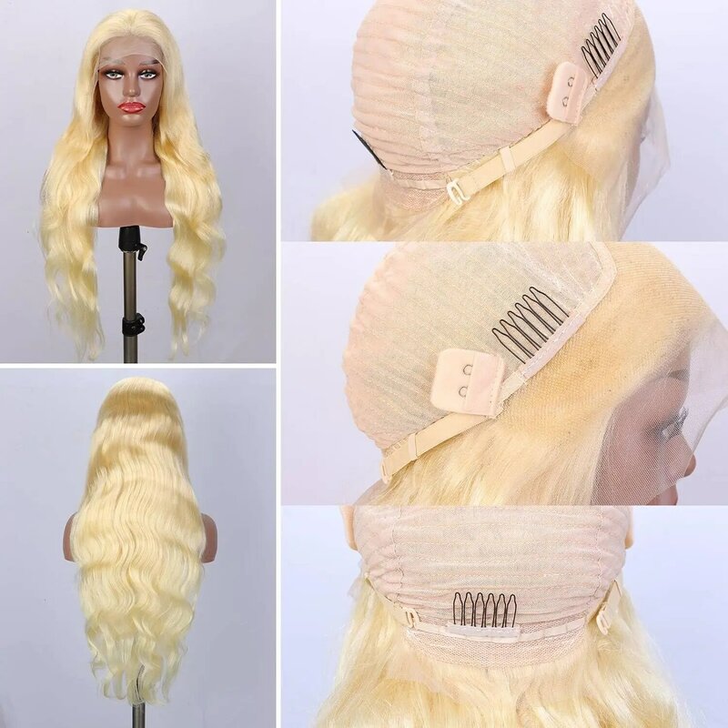 Perruque frontale en dentelle transparente HD avec cheveux de bébé, vague de corps blonde, vague d'eau, cheveux humains, 613