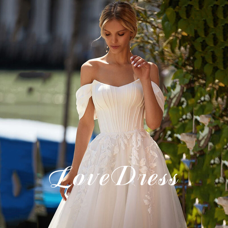 LoveDress V-Neck A-Line Vestido De Noiva, Fora Do Ombro, Lace Up, Vestido De Noiva Sem Costas, Apliques De Trem Moderno