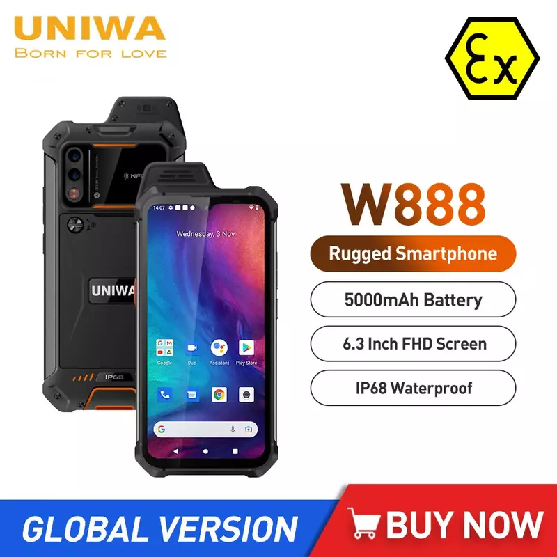 UNIWA W888 ATEX 폭발 스마트폰, IP68 견고한 안드로이드 11 옥타코어, 4GB + 64GB, 6.3 인치 HD, FHD 화면, 4G 휴대폰, 5000mAh NFC