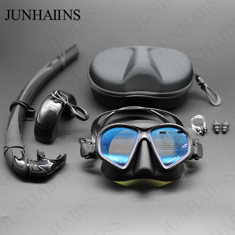 JUNHAIINS maschera per apnea in vetro temperato Set per Snorkeling maschera subacquea pieghevole tipo J con supporto per fotocamera