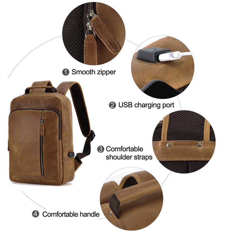 Tas punggung kulit kuda gila pria, ransel Laptop 15.6 inci dengan pengisi daya USB untuk berpergian