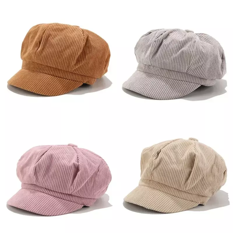 Topi korduroi hangat untuk wanita, topi baret korduroi oktagonal Korea Retro warna polos, topi pelukis Vintage musim dingin musim gugur, Aksesori Topi