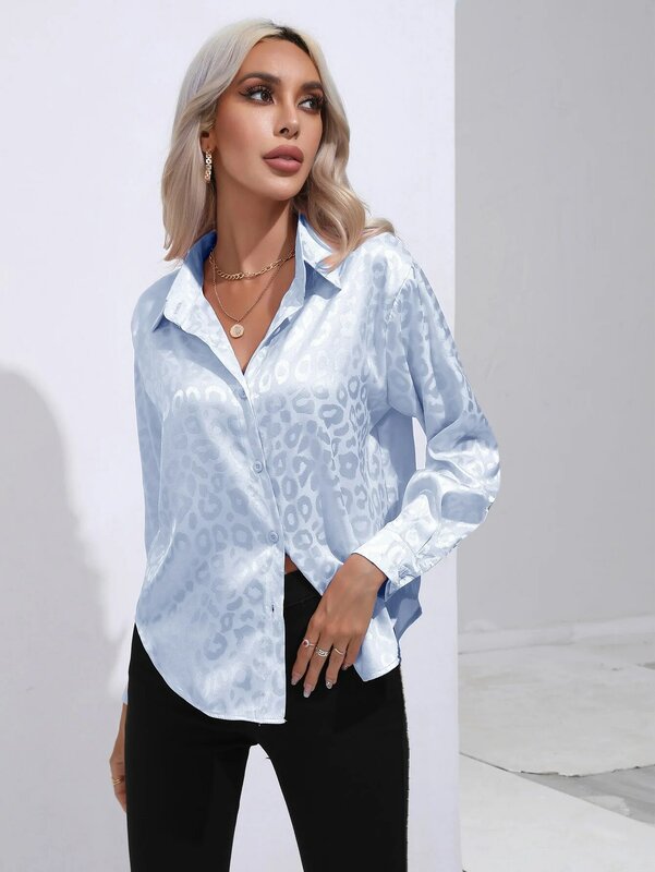 New spring summer leopard satin shirt women button up shirt ladies blouses silk loose long sleeve shirts for women