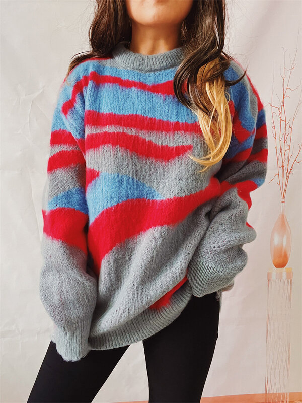 Suéter de manga comprida irregular listrado com gola redonda feminino, pulôver de malha feminina, moda lazer, novo, outono e inverno