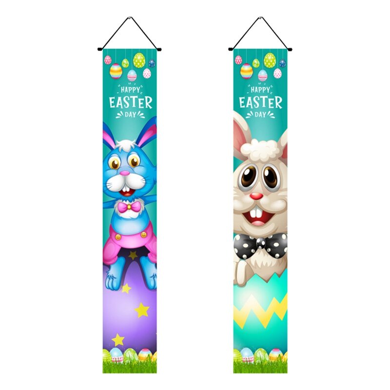 4 Pair Easter Day Decoration Porch Sign Happy Easter Hanging Banners Easter Eggs Door Hangers For Home Wall Decoration