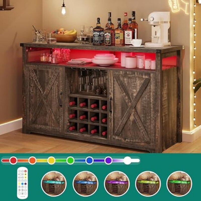 Armoire de bar avec lumières LED, armoire de café de ferme de 55 "avec rangement, cave à vin française ou armoire avec banc TV