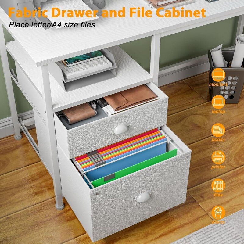 Furologee-Mesa reversível branca com prateleira de armazenamento, mesa de escritório, armário de arquivo de tecido e gaveta,