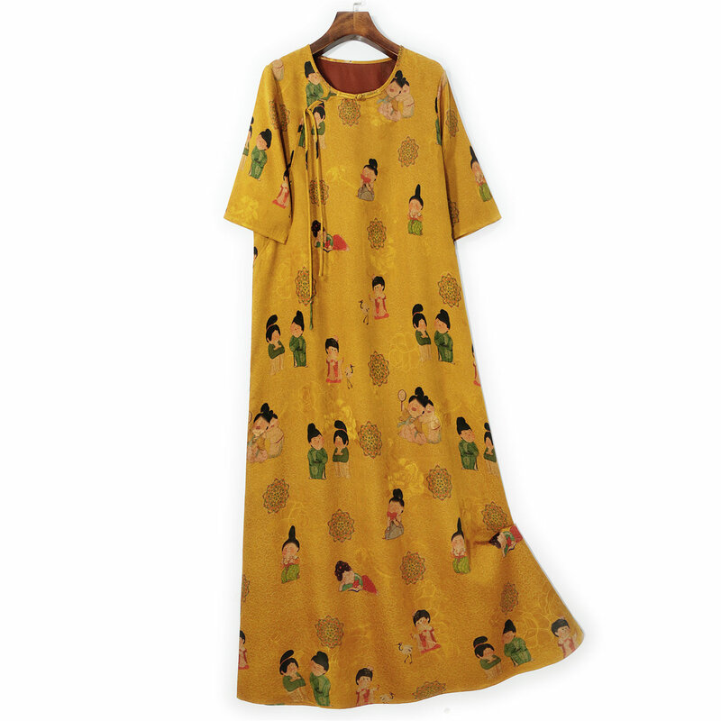 Birdtree-女性用の本物のシルクの中国のドレス、水ガーゼ、半袖、漫画のパーティードレス、32mm、夏、新しい、d446107qm、2024