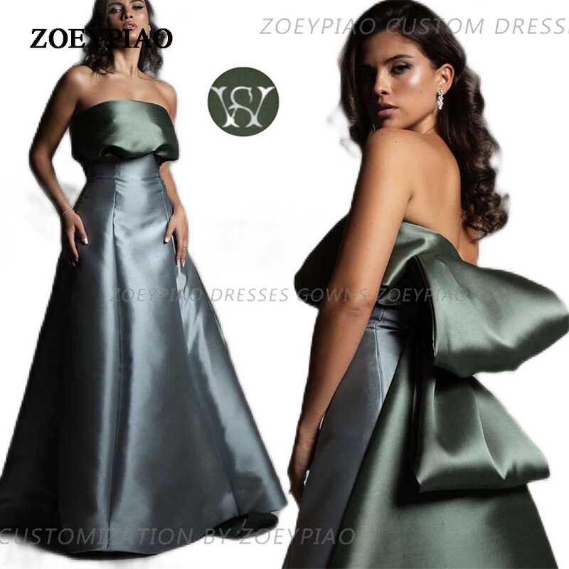 Vintage Blue/Green Floor Length Party Evening Dresses Strapless Satin Satin Arabic Back Bow Women Night Prom Gowns Dress